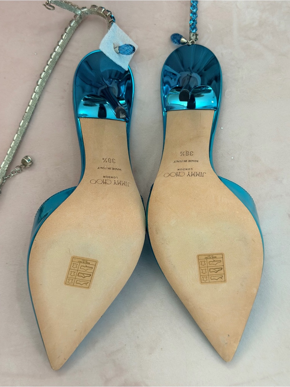 Jimmy Choo Bing Crystal Anklet Pumps
💙 Size 38.5 | Metallic Turquoise Blue - Picture 5 of 5